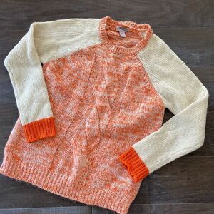 Forever 21 Sweater Women's Large Orange White Acrylic Crew Neck Raglan‎ Sleeve